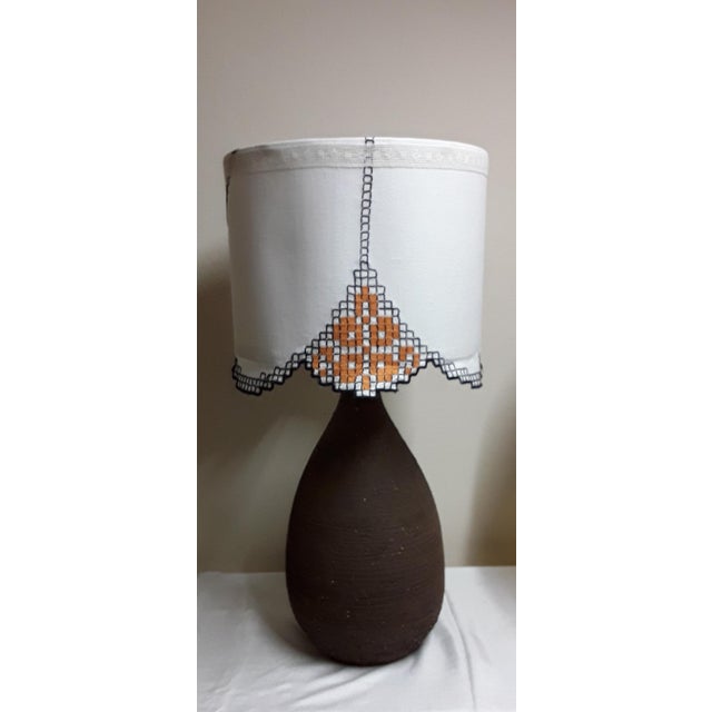 Handmade Ceramic Table Lamp with Fabric Shade, 1970s, in Very Good conditions. Designed 1970 to 1979 European Plug (up to...