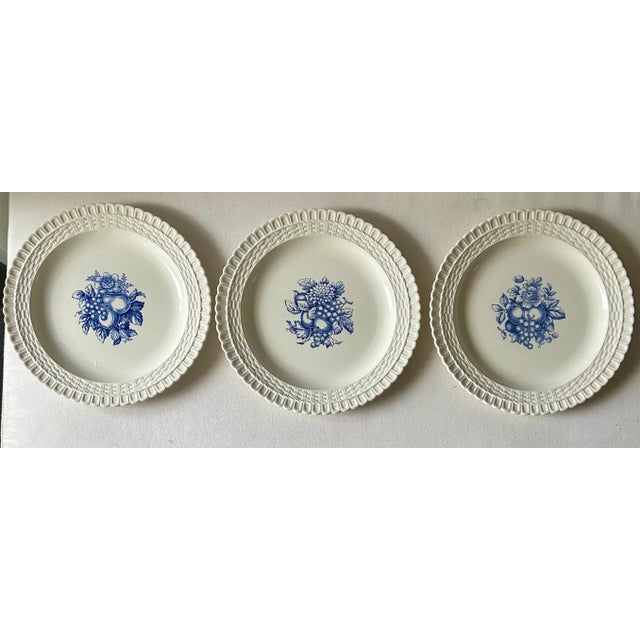 Vintage Spode Blue and White Fruit and Floral Basket Weave Ceramic Plates- Set of 3 For Sale - Image 10 of 11