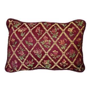 Late 20th Century Burgundy Floral Trellis Tapestry Lumbar Pillow With Rope Trim For Sale