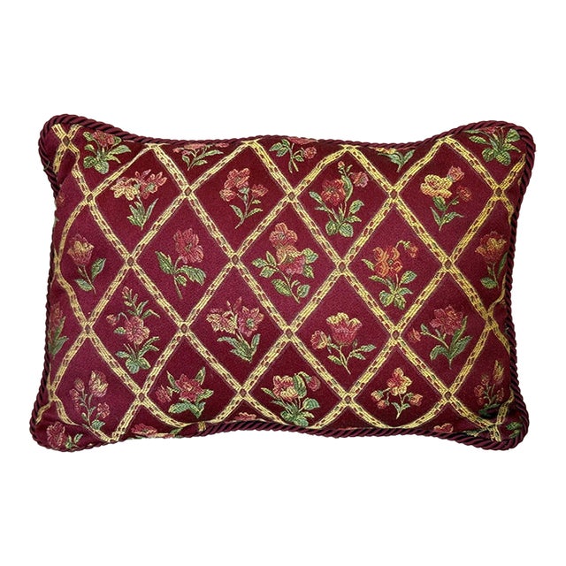 Late 20th Century Burgundy Floral Trellis Tapestry Lumbar Pillow With Rope Trim For Sale