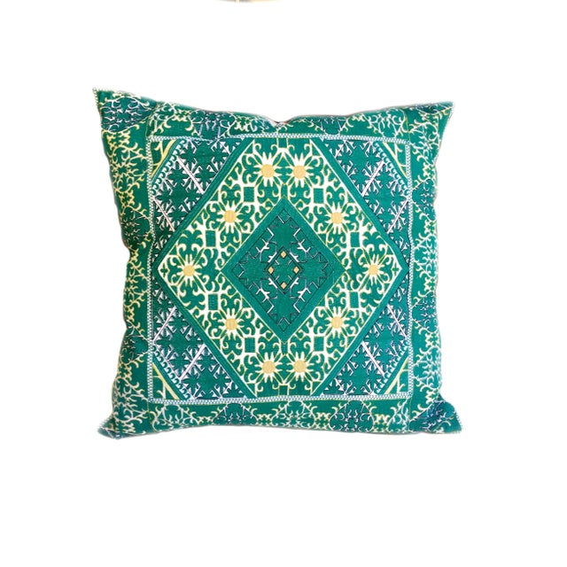 Swati Green Embroidered Pillow For Sale - Image 4 of 5