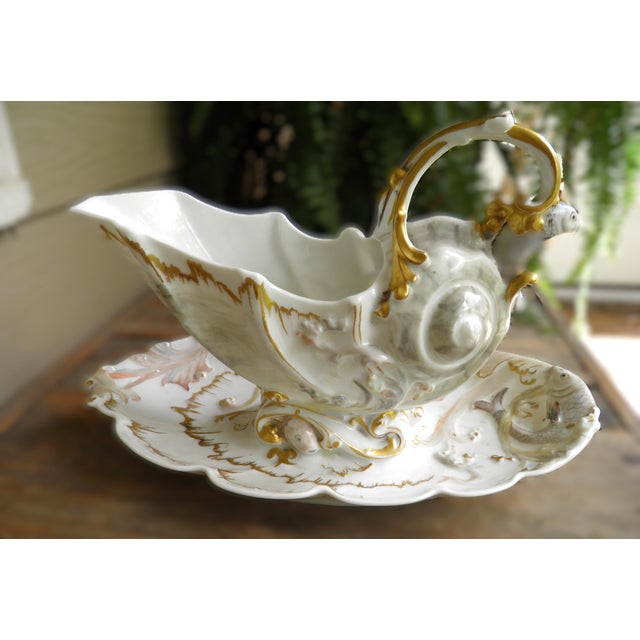 Ceramic Limoges a Superb & Rare Rocaille-Style Seashell Sauceboat W/ Waves & Fish 1891-1890 For Sale - Image 7 of 10