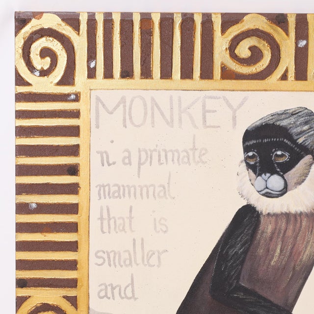 Playful oil painting on canvas, inspired by antique animal prints, depicting a monkey in a tree with a description....