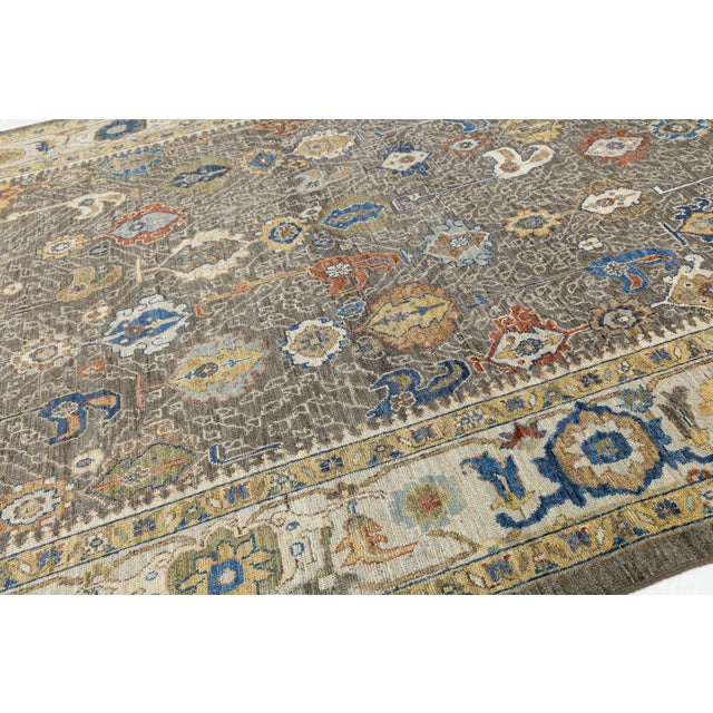 Modern Oushak Style Hand-Knotted Wool Rug in Taupe, Indigo, and Ochre Accents For Sale - Image 9 of 12