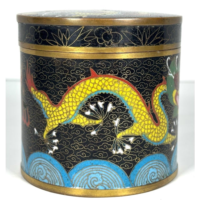 Antique Chinese Cloisonne Tea Caddy: Dragon & Flaming Pearl Design For Sale - Image 4 of 10