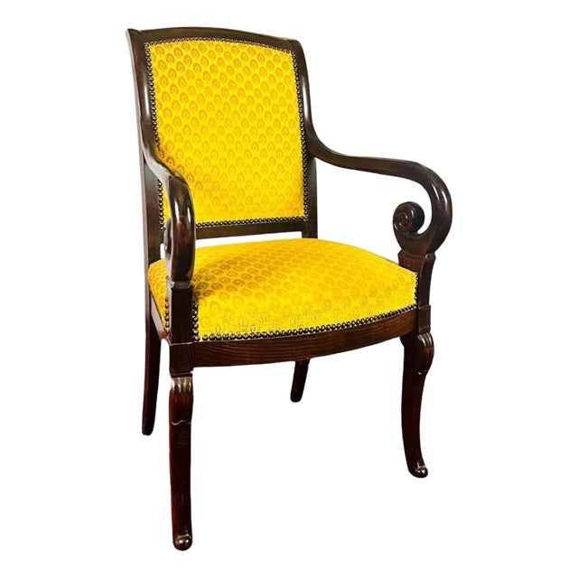 French Carved Wooden Armchair with Yellow Velvet, France, 1820 For Sale
