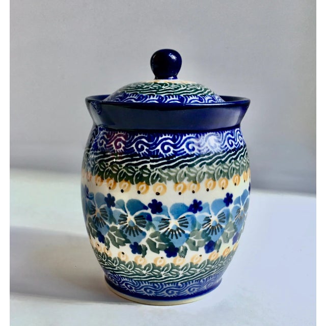 Mid-Century Modern Vintage Maria Starzyk Hand Painted Bue "Pansy" Pottery Lidded Jar For Sale - Image 3 of 12