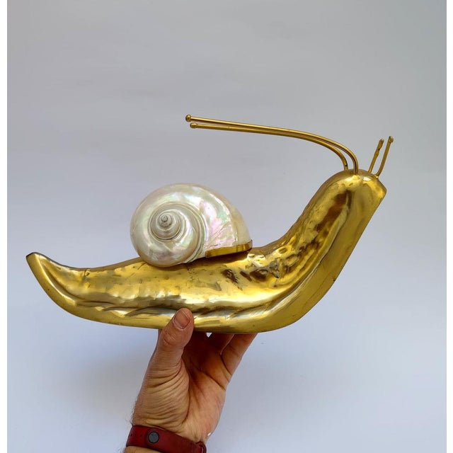 Sculpture, statue depicting a snail Brass snail with mother-of-pearl shell Vintage, circa 1960s/70s, no markings or...
