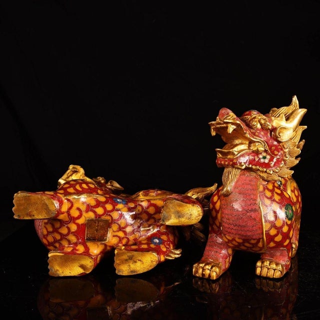 Mid 20th Century Pair of Gilt Cloisonne Enamel Qilin Figures – 7.9" Mythical Beast Statues For Sale In Los Angeles - Image 6 of 9