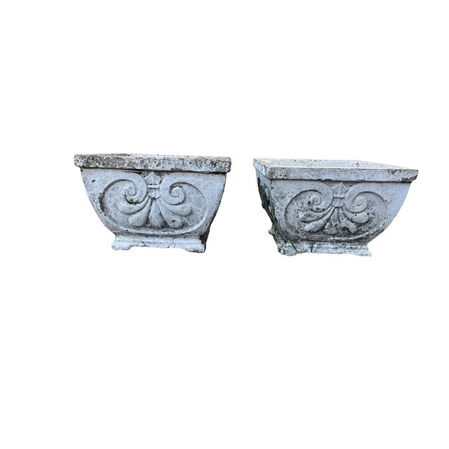 Alabaster Vintage 1950 Fluer De Lis Concrete Garden Planters, A Pair For Sale - Image 8 of 8