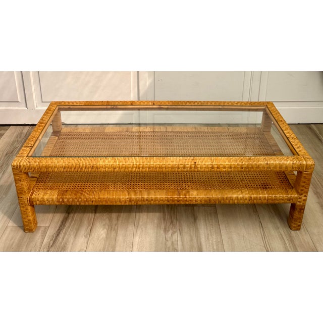 Mid-Century Two-Tier Woven Rattan & Cane Coffee Table With Glass Top For Sale - Image 12 of 15