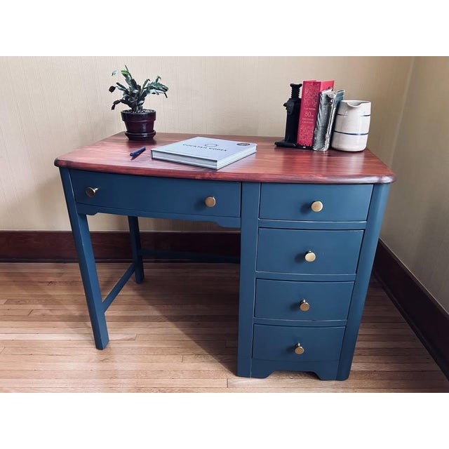 Traditional 1970s Restored Vintage Stanley Furniture Desk — Walnut-Stained Top, Charcoal Gray, Brass Hardware For Sale - Image 3 of 9