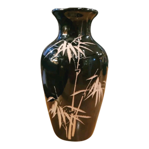 Vintage Black With Etched Bamboo Design Japanese Pottery Vase