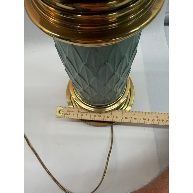 Mid 20th Century Hollywood Regency Turquoise Ceramic & Brass Column Lamps - A Pair For Sale - Image 11 of 12
