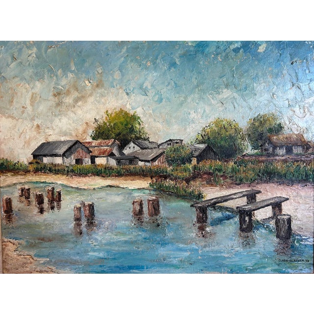 Vintage 1959 Impressionist Oil Painting of a Coastal Beach Village in Carved Wood Frame For Sale - Image 4 of 8