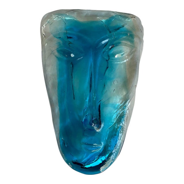 Vintage Art Glass Blue Face Mask Paperweight For Sale