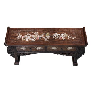 Vintage Chinese Hardwood Mother-of-Pearl Inlaid "Magpie & Plum" Altar Table (Tea Stand) For Sale