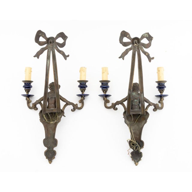 Patinated Brass Cherub Candlestick Sconces, Pair For Sale - Image 13 of 13