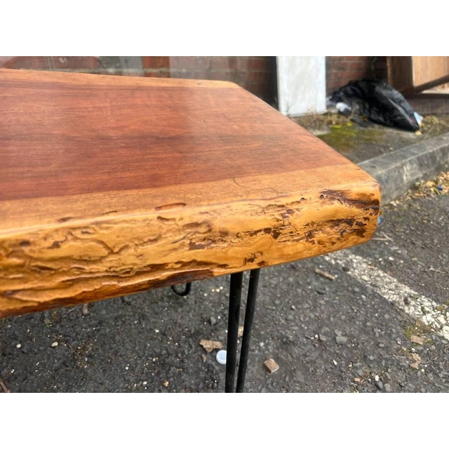 Late 20th Century Rustic Style Live Edge Slab Wood Top Coffee Table/ Bench With Iron Hairpin Legs For Sale - Image 13 of 18