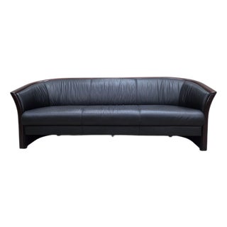 Vintage Ekornes Scandinavian Modern Black Leather Sofa With Rosewood Accents For Sale