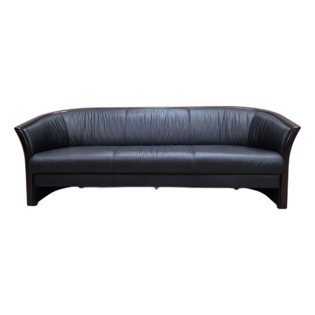 Vintage Ekornes Scandinavian Modern Black Leather Sofa With Rosewood Accents For Sale