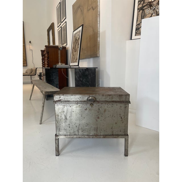 Early 20th Century Antique Industrial Steel Trunk Chest on Stand With Aged Patina For Sale - Image 5 of 7