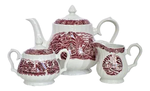 English Staffordshire Style Red & White Coffee/Tea Service - 3 Pieces