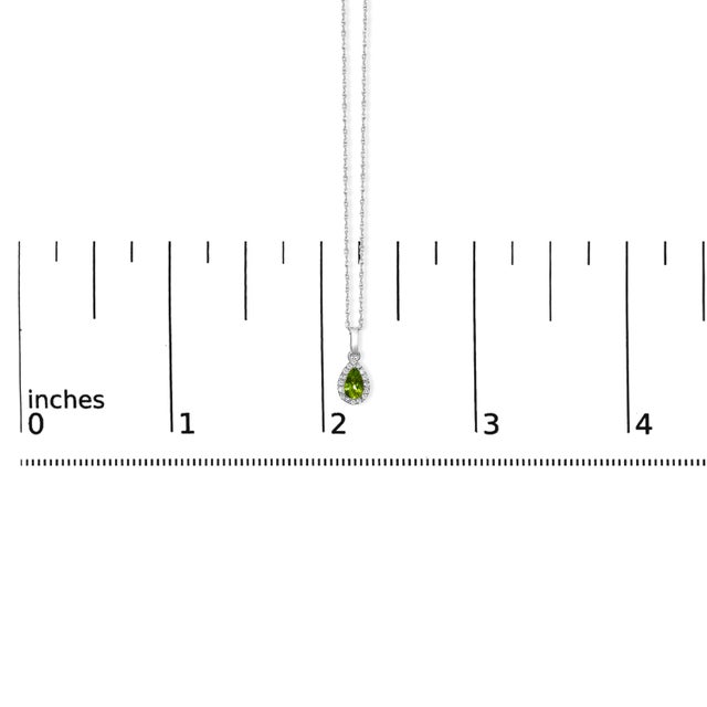 Early 21st Century 10K White Gold 5x3mm Green Peridot and Diamond Accent Halo Pear Shape 18" Pendant Necklace (I-J Color, I1-I2 Clarity) For Sale - Image 5 of 5