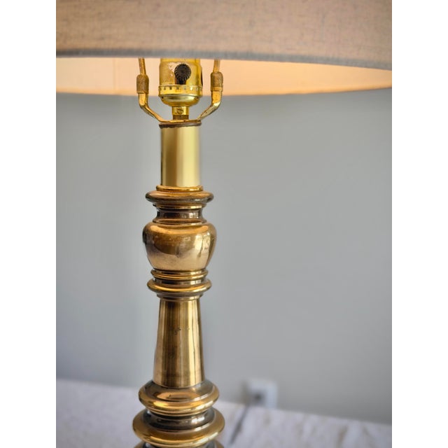 Linen Vintage Brass Neoclassical Hollywood Regency Baluster Table Lamps With Linen Drum Shades - a Pair For Sale - Image 8 of 12
