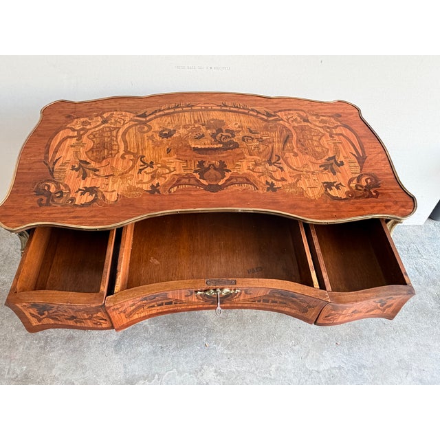 1940s Louis XV Style Inlaid Writing Desk With Ormolu Mounts & Marquetry Top For Sale - Image 15 of 15