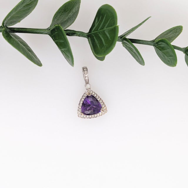 Amethyst Pendant With Natural Diamond Accents: Solid 14k Gold, Trillion 9mm For Sale - Image 4 of 8