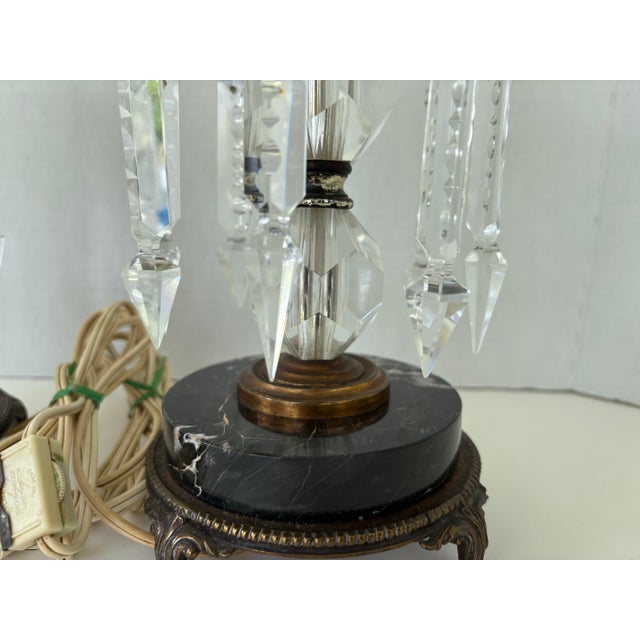 Pair of Vintage Crystal Prism Boudoir Lamps With Marble Bases and Etched Glass Shades For Sale - Image 9 of 12