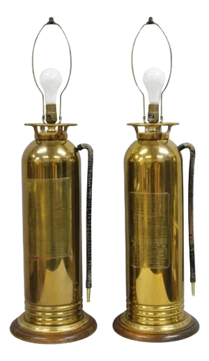 Antique Art Deco Brass Fire Extinguisher Converted Table Lamps - A Pair