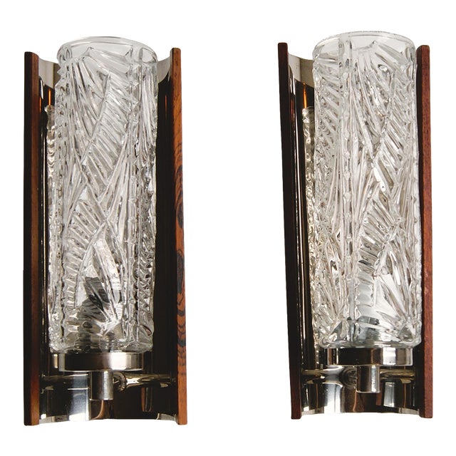 Pair of Vintage 1960s Swedish Wall Lamps - Elegant Design in Crystal Glass, Teak and Chrome For Sale