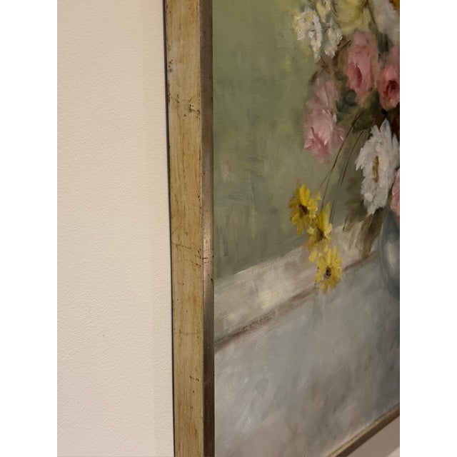Canary Yellow Large 49" Mid-Century Modern Floral Still Life Oil Painting by Ilona Wellman For Sale - Image 8 of 12