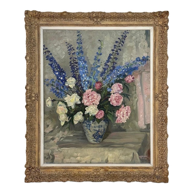 Antique Framed Oil Painting on Canvas by Lucien Hock (1899-1972), Floral Still Life in Delft Pot, Dated 1949 For Sale