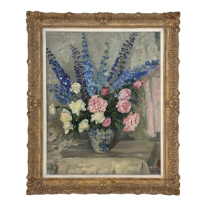 Antique Framed Oil Painting on Canvas by Lucien Hock (1899-1972), Floral Still Life in Delft Pot, Dated 1949