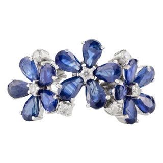 18k White Gold Blue Sapphire Diamond Floral Ring for Women Size 6.5 For Sale