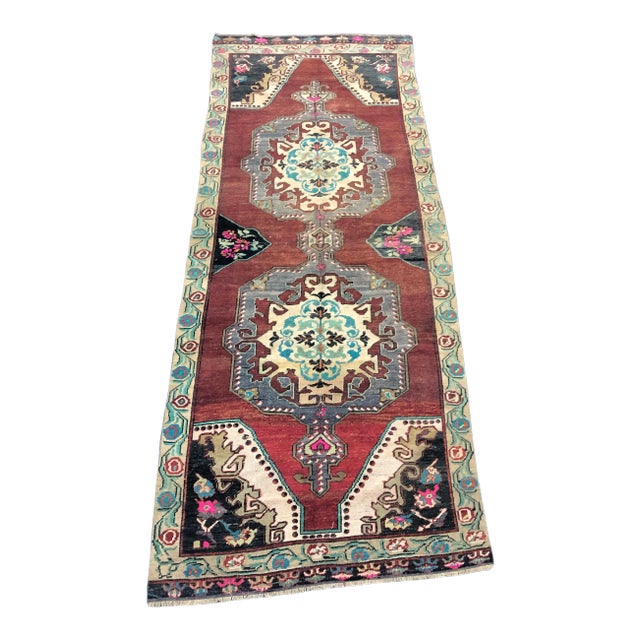 Turkish Handmade Boho Red Medallion Design Large Runner Rug - 4′4″ × 11′6″ For Sale