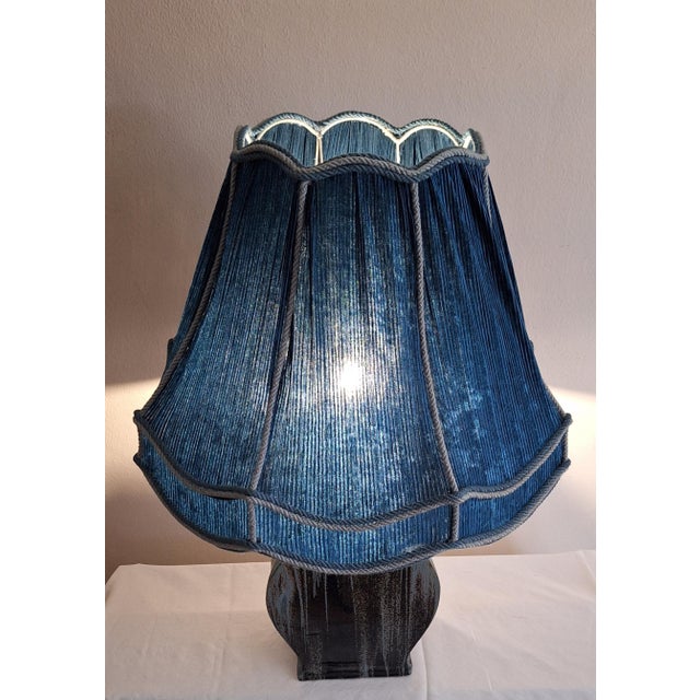 1970s Large Vintage Blue-Grey Gradient Glazed Ceramic Table Lamp with Fabric Shade, 1970s For Sale - Image 5 of 9
