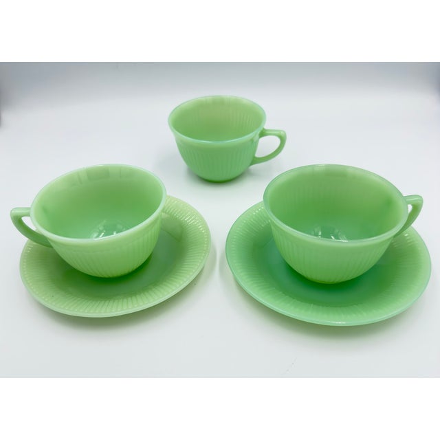 Anchor Hocking 1940s Fire King Coffee Tea Cup & Saucer Jane Ray JadeIte by Anchor Hocking 5pc Set For Sale - Image 4 of 9