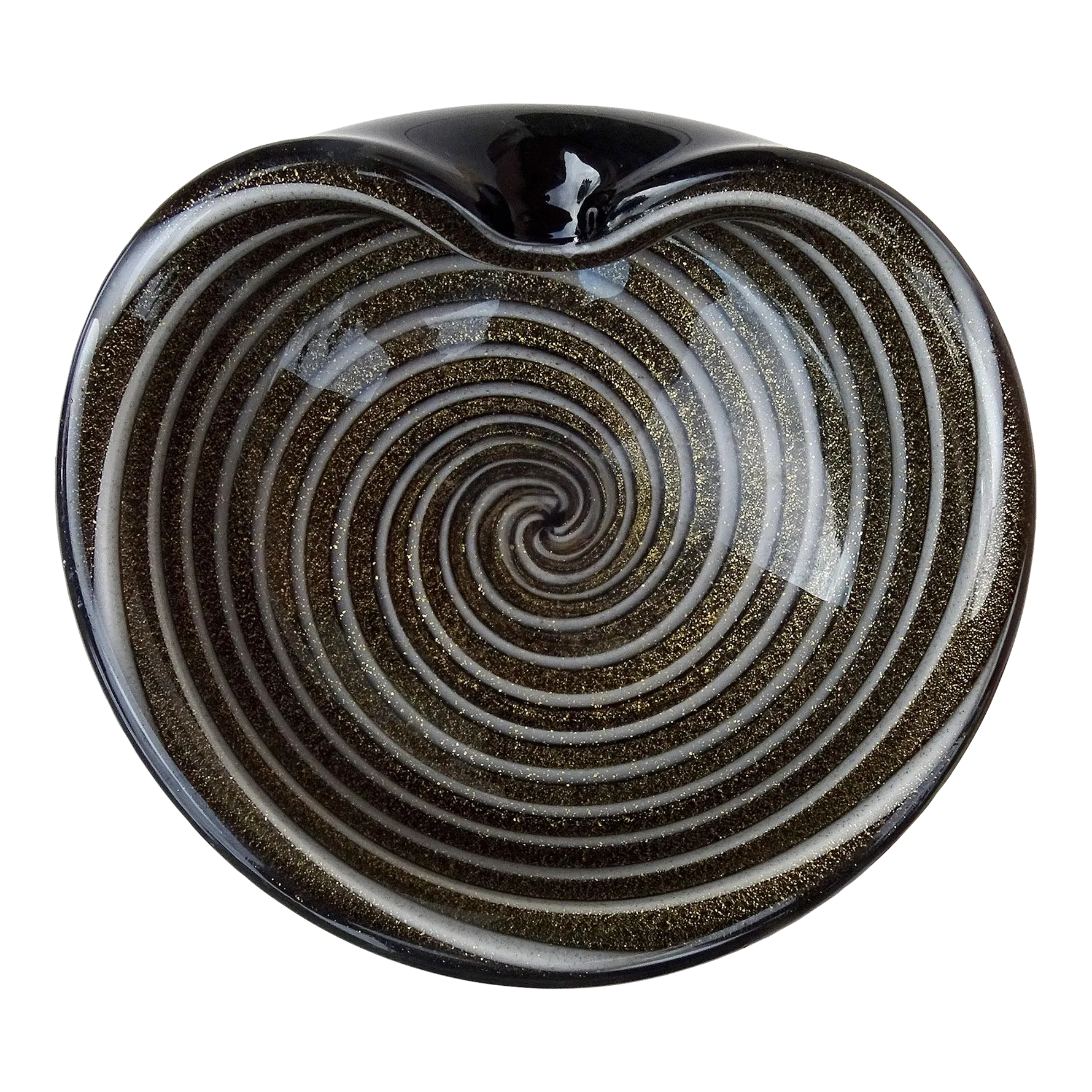ヴィンテージ Alfredo Barbini Murano サイン入りハート灰皿 Murano Barbini Black Gold Flecks White Swirl Vintage Italian Art