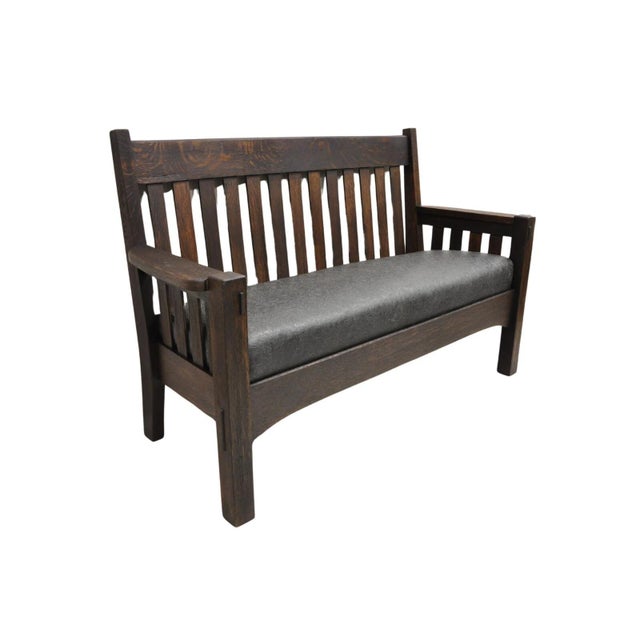 Antique Arts & Crafts Mission Oak Stickley Style Slatted Bench Settee Sofa. (14) Slats to the back and (4) slats to the...
