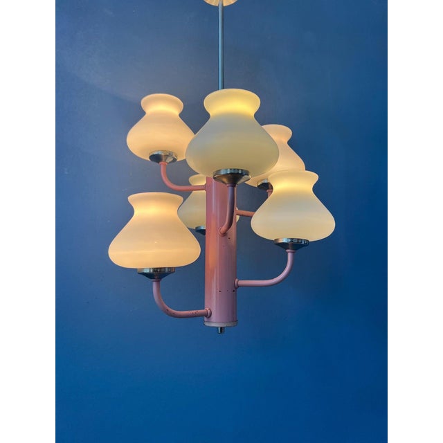 Mid-Century White Opaline Glass Chandelier with Pink Frame For Sale - Image 6 of 13