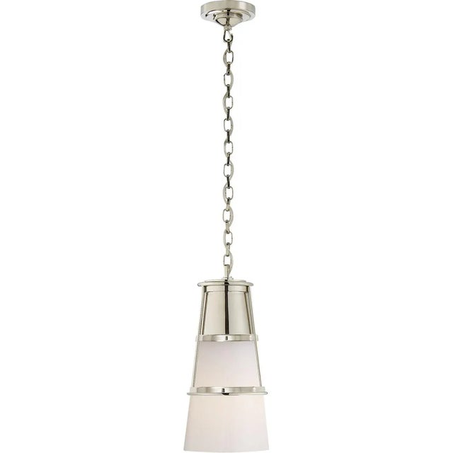 Robinson Medium Pendant in Polished Nickel with White Glass Designer: Thomas O'Brien Canopy: 4.5" Round Mounting: Chain...