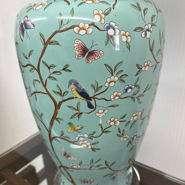 Late 20th Century Jade Green Ceramic Table Lamp With Butterflies + Birds For Sale - Image 11 of 12
