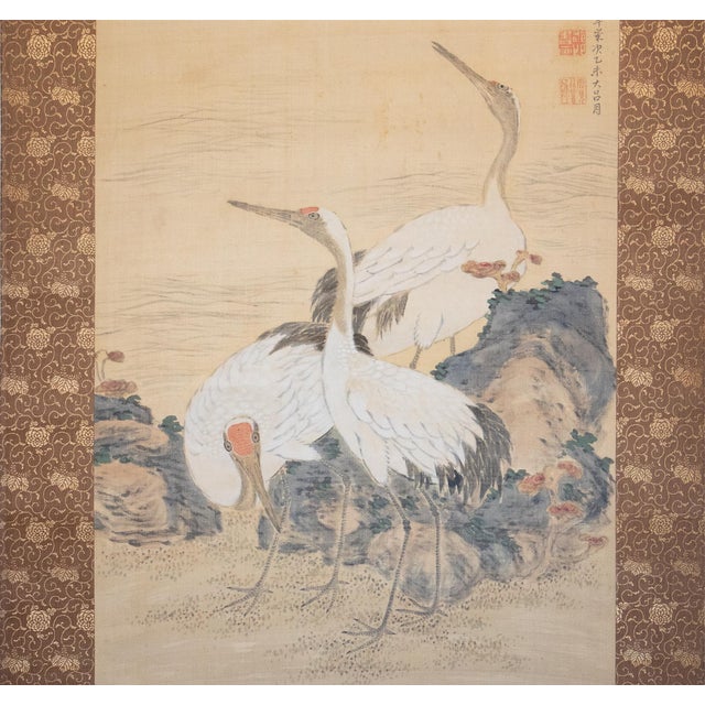 Late 19th Century Meiji Era "Cranes and the Sun", Japanese Silk Scroll Painting For Sale - Image 5 of 18