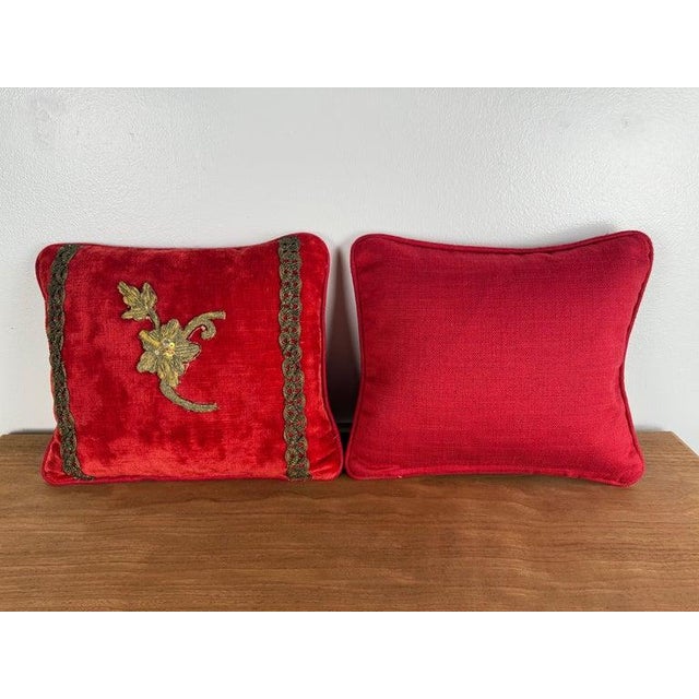 Pair of Petite Red Velvet Pillows With 19th-Century Metallic Appliqués For Sale - Image 10 of 12