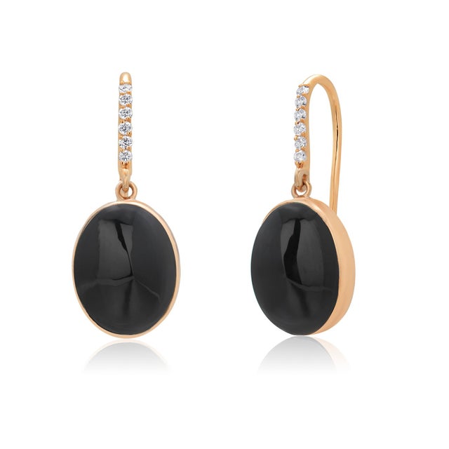 Bold 14k Yellow Gold Black Onyx 20 Carat Diamond Hoop Dangle 1.5 Inch Earrings, A Pair For Sale - Image 9 of 9