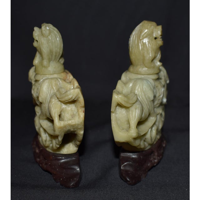 Chinese Hand Carved Soapstone Incense Burner Censer Koro Foo Dogs Lions Pair For Sale - Image 10 of 12